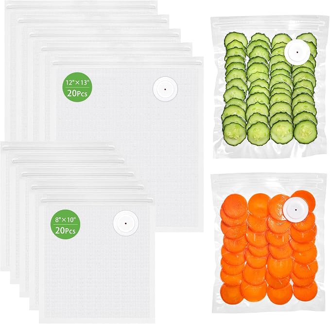 Syntus 40 Pcs Reusable Vacuum Sealer Bags for Food, 8"x10"+12"x13" (S+L) | Upgraded Air Valve, Microwave Sous Vide Freezer Meal Prep, Leak-Proof, Food Storage Zipper Bags, for Compact Vacuum Sealer