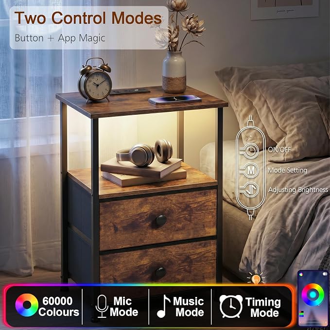 Nightstands Set of 2, LED Night Stand with Charging Station | Bedside Table with Type-C Outlets & 2 Fabric Drawers, End Tables with Storage Shelf for Bedroom, Small Spaces, Rustic Brown