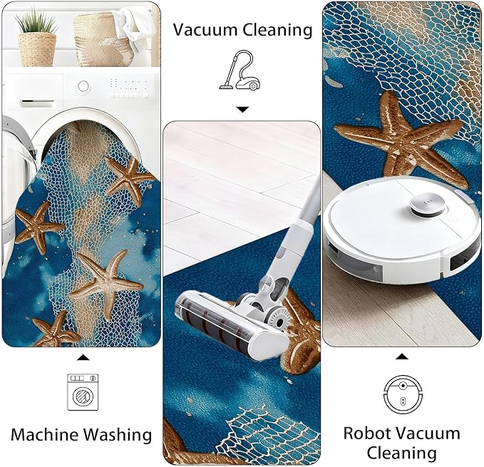 Seaside Coastal Extra Long Hallway Runner Rug 3x12 - Fishing Net Soft Low Pile Runner RugsWatercolor Ocean Anti Slip Washable Runners Rug for Entrance Corridor Kitchen Living Room