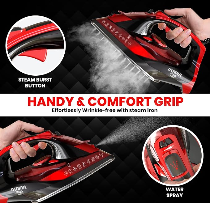 Utopia Home Steam Clothes Iron - 1800W (Black Red) Non-Stick Soleplate | Nonstick Soleplate With Auto-Off Safety Feature - Adjustable Thermostat Control, Variable Steam Control, Self-Clean, 8ft Cord