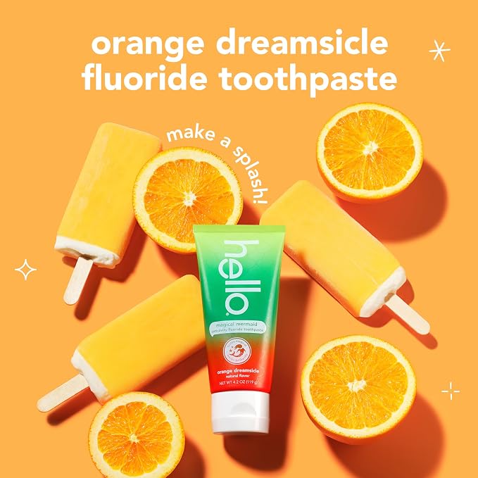 Hello Magical Mermaid Kids Toothpaste with Fluoride, Orange Dreamsicle Flavor Toothpaste for Kids, Safe for Ages 2 and Up, Helps Prevent Cavities, Strengthen Enamel, Polish Teeth, 12 Pack, 4.2 Oz Each