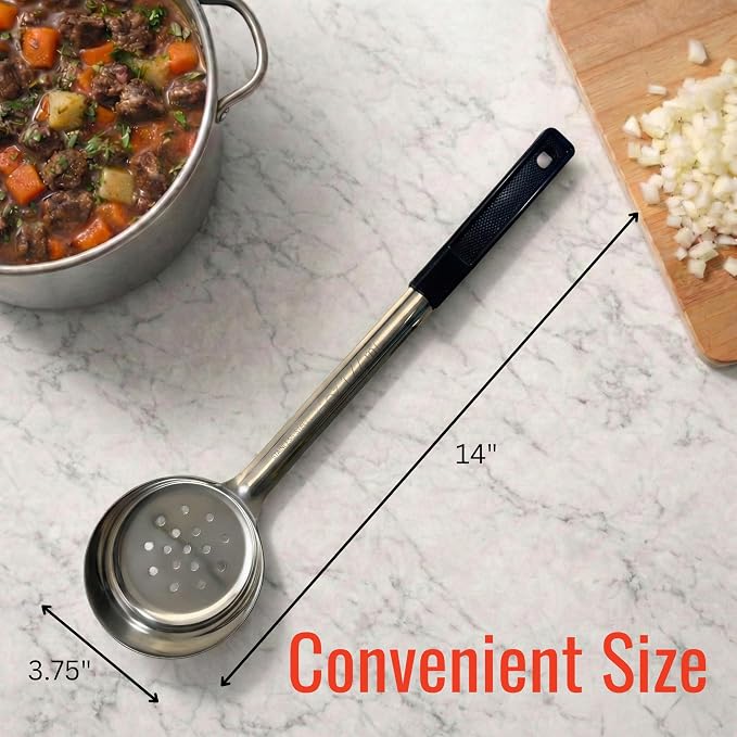 6 oz Slotted Stainless Steel Portion Control Ladle Spoon | Commercial-Grade Spoodle for Portioning & Draining - Pasta, Veggies & Buffet Service. Color-Coded by Size. Dishwasher Safe.