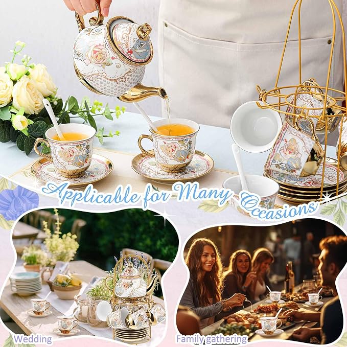 Zhehao 20 Pcs Porcelain Tea Set with Metal Holder and Spoon Adult Ceramic Tea Set European Flower Painting Teapot Cup Saucer Spoon for Women Mom Gift, Large Version (Minimalist Style)