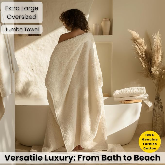 SALBAKOS Luxury 100% Turkish Cotton Bath Sheet 40x80 in (1-Piece, Ivory) | Extra Large Jumbo Oversized Bathroom and Beach Towel, Super Soft Highly Absorbent Thick Premium Hotel Quality, Made in Turkey