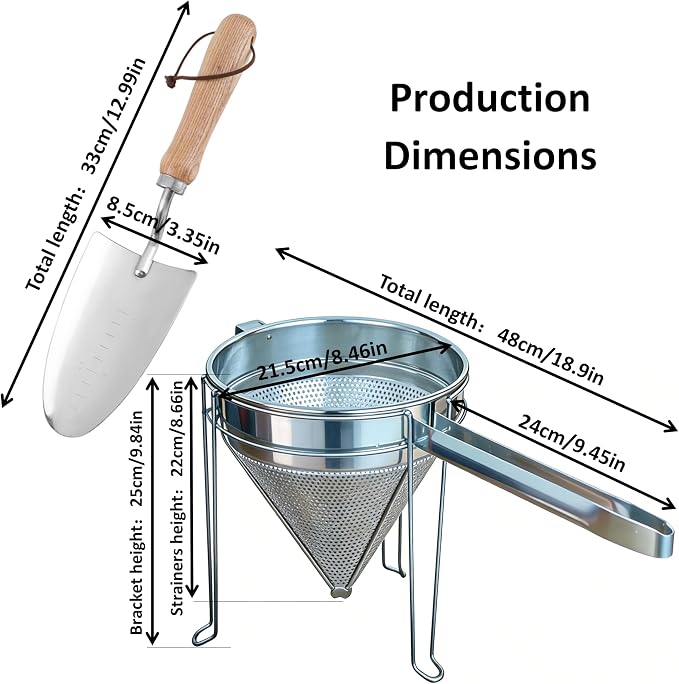 8 inch Stainless Steel Chinois Strainer with Stand, Fine Mesh China Cap Strainer with handle and Pestle for Tomato, Fruit,Soup and Jam Making.