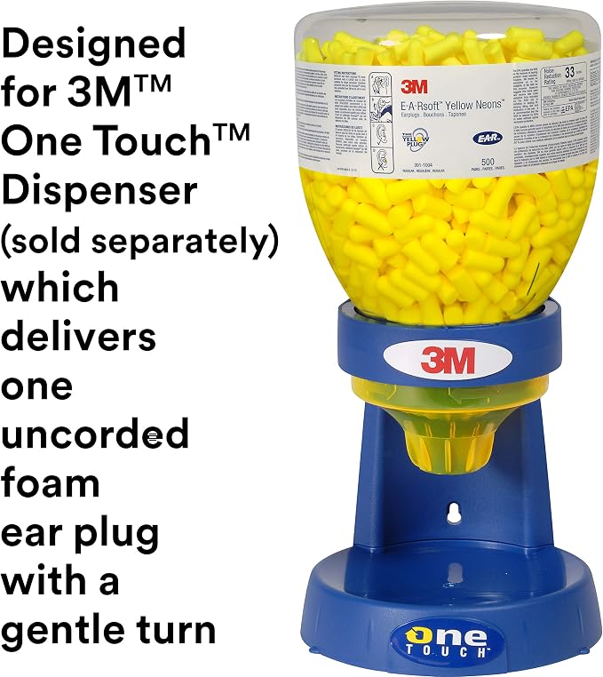 3M Ear Plugs, E-A-Rsoft Yellow Neons 391-1004, Bottle of 500 Pair of Disposable Earplugs, Regular Size, Uncorded, 33 NRR, Tapered Cylinder Shape, Slow Recovery Foam