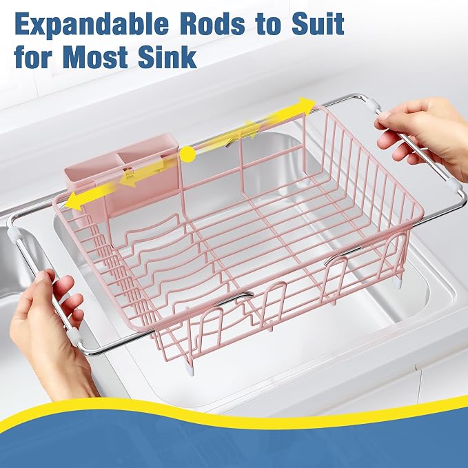 JASIWAY Pink Dish Drying Rack in Sink, Dish Drainer with Utensil Holder | Over The Sink Expandable Stainless Steel Strainer Dryer Rack for Small Kitchen, Counter Space Saving, Fast Drain, Rustproof