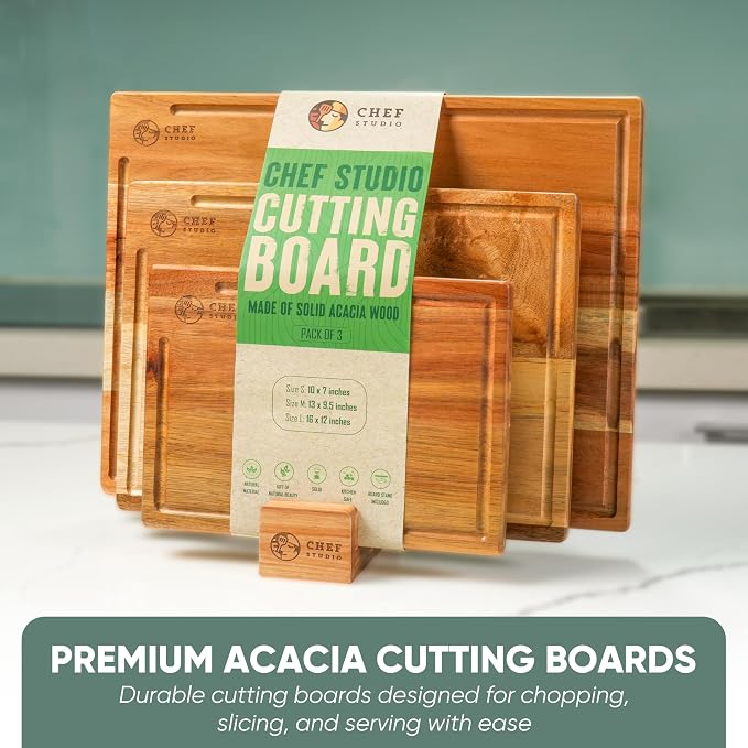 Acacia Wood Cutting Board (Set of 3) – Wooden Cutting Boards for Kitchen, Chopping and Serving, Non Plastic Bamboo Alternative, Hostess Gifts for Christmas, Thanksgiving, New Year