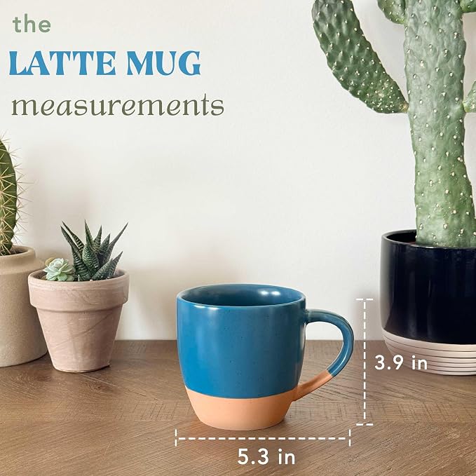 Mora Ceramic Artisan Matte Large Latte Mug Set of 4, 16oz - Microwavable, Porcelain Coffee Cups With Big Handle - Modern, Boho, Unique Style For Any Kitchen. Microwave Safe Stoneware - Marina Colors