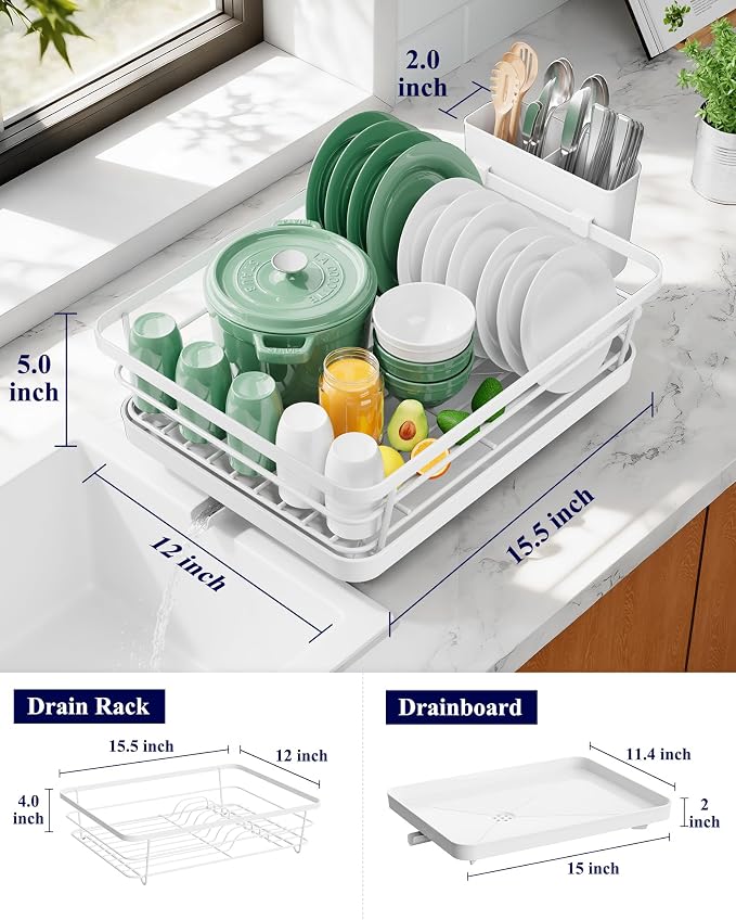 Kitsure Dish Drying Rack for Kitchen Counter, 12''W x 15.5''L, White | Stainless Steel Sink Organization, Cutlery Holder, Home and Appartment Decor