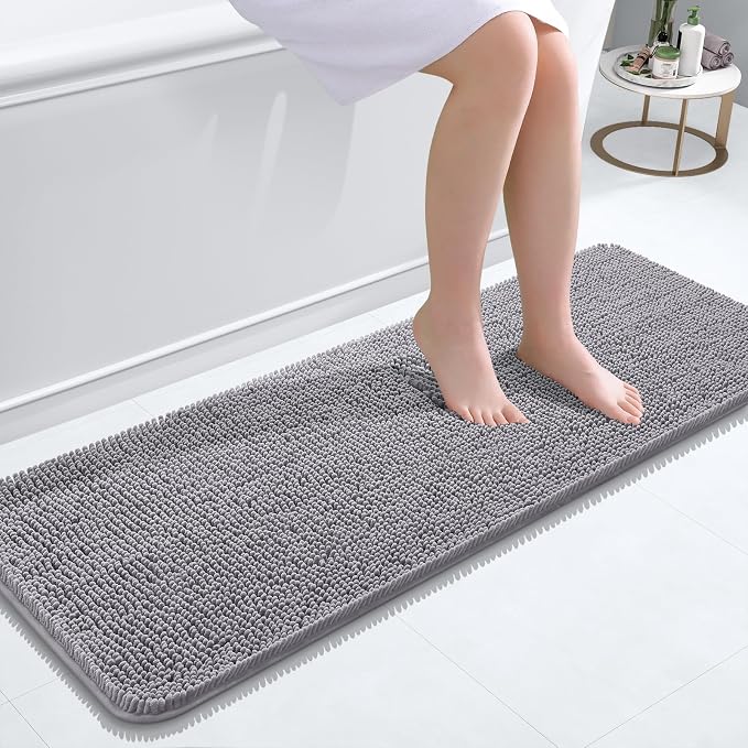 OLANLY Bathroom Runner Rugs 47x17, Extra Soft Absorbent Chenille Bath Rugs, Rubber Backing Quick Dry, Machine Washable Long Bath Mats for Bathroom Floor, Tub and Shower, Home Decor Accessories, Grey