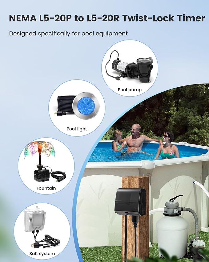 SURAIELEC Infinite Cycle Pool Timer for Above Ground Pools, NEMA L5-20R Twist-Lock Plug-in Timer, 20A 125V 1HP, Weatherproof Outdoor Timers for Pool Pumps, Pool Heaters, Salt Systems and Lights