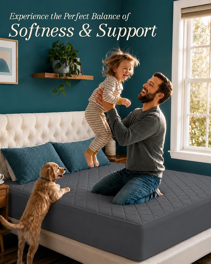 Quilted Fitted Mattress Pad, Full Mattress Protector Topper with Deep Pocket Stretches up to 16 Inches, Machine Washable Mattress Cover by Utopia Bedding (Grey)