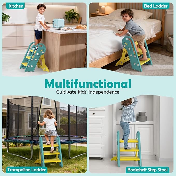 Onasti Folding Step Stool with Adjustable Height, 3-Step Converts to 2-Step, Sturdy Anti Slip Bathroom Step Stool for Toilet, Bathroom Sink, Kitchen Counter, Space Saving Design for Home Use- Green