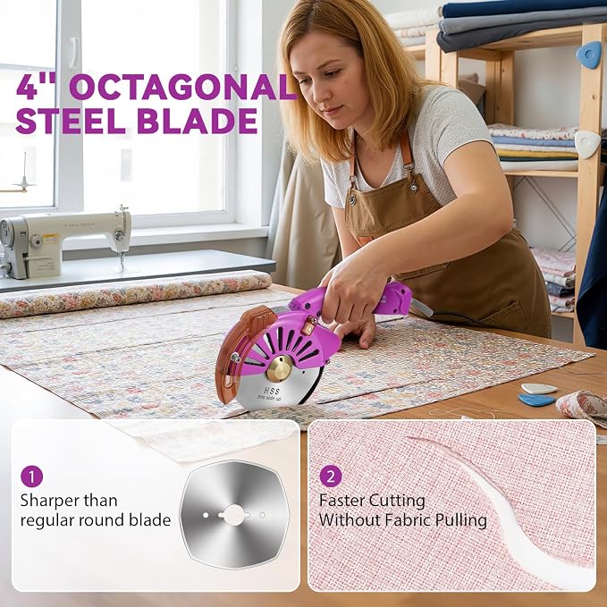 BAOSHISHAN 100mm Plug-in Electric Fabric Rotary Cutter Heavy Duty | Speed Adjustable Round Blade Fabric Cutting Machine for ≤1.06 inch Thickness Multilayer Fabric Leather Cloth Carpet (Purple)