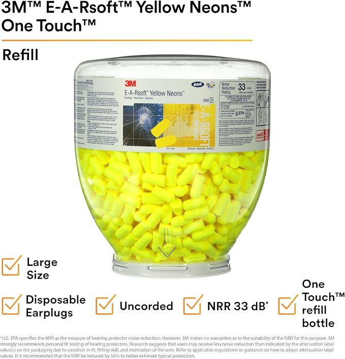 3M Ear Plugs, E-A-Rsoft Yellow Neons 391-1005, Bottle of 400 Pair of Disposable Earplugs, Slightly Longer, Uncorded, 33 NRR, Tapered Cylinder Shape, Slow Recovery Foam