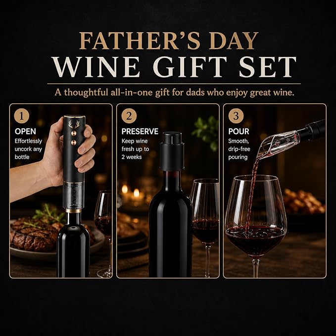 BLUBYEES 4-in-1 Electric Wine Opener Set – Rechargeable Automatic Corkscrew, Foil Cutter, Aerator & Vacuum Stopper, Wine Accessories Gift Set for Dad, Father’s Day Gifts for Men, Husband, Wine Lovers