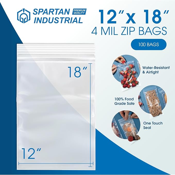 Spartan Industrial - 12" X 18" Heavy-Duty Plastic Zip Bags (100 Count) - 4 Mil Clear Resealable Plastic Bags for Clothes and Storage