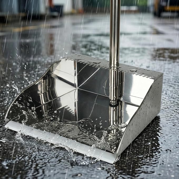Metal Dust Pan with Long Handle, Stainless Steel Standing Dustpan | Metal Dustpan with Teeth