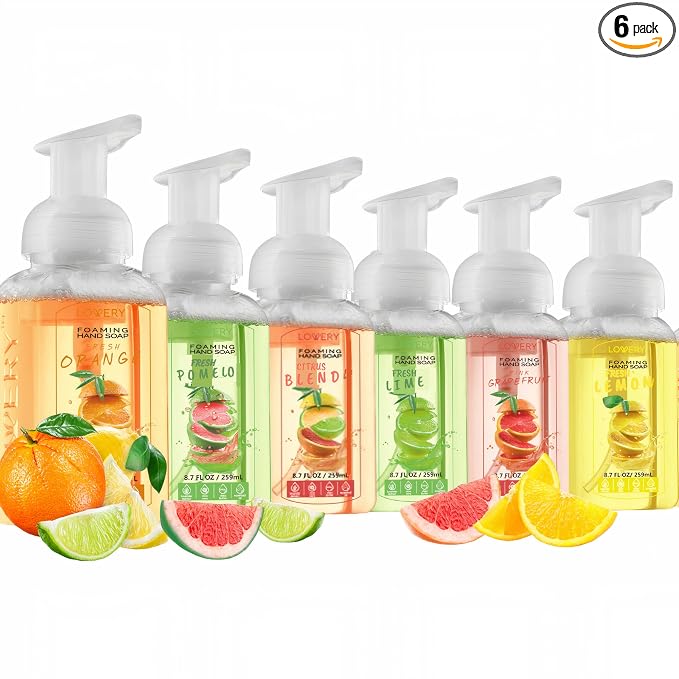 Foaming Hand Soap - Pack of 6 - Moisturizing Hand Soap with Aloe Vera & Essential Oils, Alcohol-Free Hand Wash in Citrus Blend, Lemon, Orange, Pomelo, Lime, Grapefruit, Hand Wash for Kitchen, Bathroom
