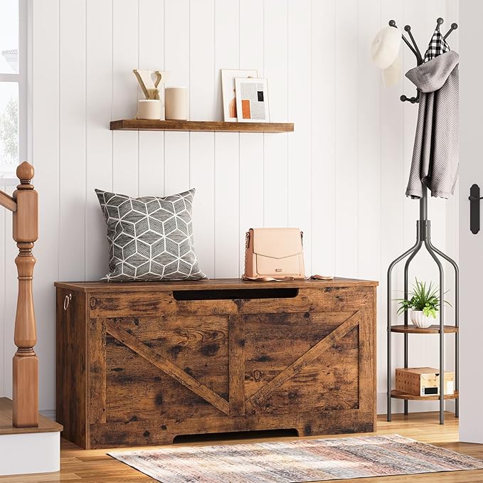 HOOBRO Storage Bench, 39.4” Retro Wooden Storage Chest with U-Shaped Cut-Out Pull, Safety Hinge, Supports 220 lb and Easy Assembly for Toy Box Organizer (Rustic Brown) BF771CW01G1