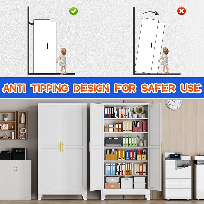 GAIOUS 79" Tall New Update Kitchen Pantry Cabinet, Metal Storage Cabinet | with 2 Doors and 5 Adjustable Shelves, Steel Cupboard for Kitchen Dining Bathroom Bedroom, White, Freestanding, Wider Deeper