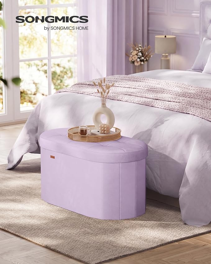 SONGMICS MINOTA Collection - Folding Ottoman with Storage, Oval Storage Ottoman Bench, for Living Room, Bedroom, Velvet Fabric, 15 x 29.9 x 15 Inches, Hibiscus Purple ULSF267PE01