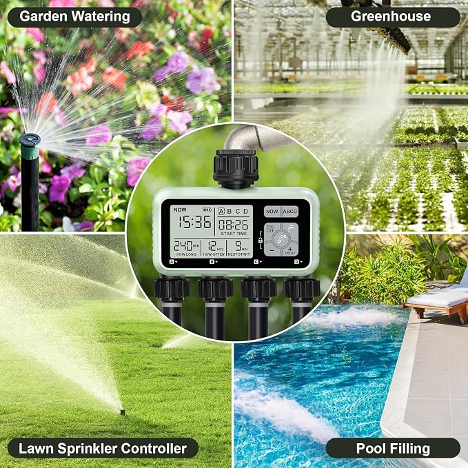 Watering Timer 4 Zone, Sprinkler Timer,Programmable Garden Outdoor Hose Faucet Timer with Rain Delay/Manual/Automatic Watering System,Water Hose Irrigation Timers 4 Outlet for Garden Lawn