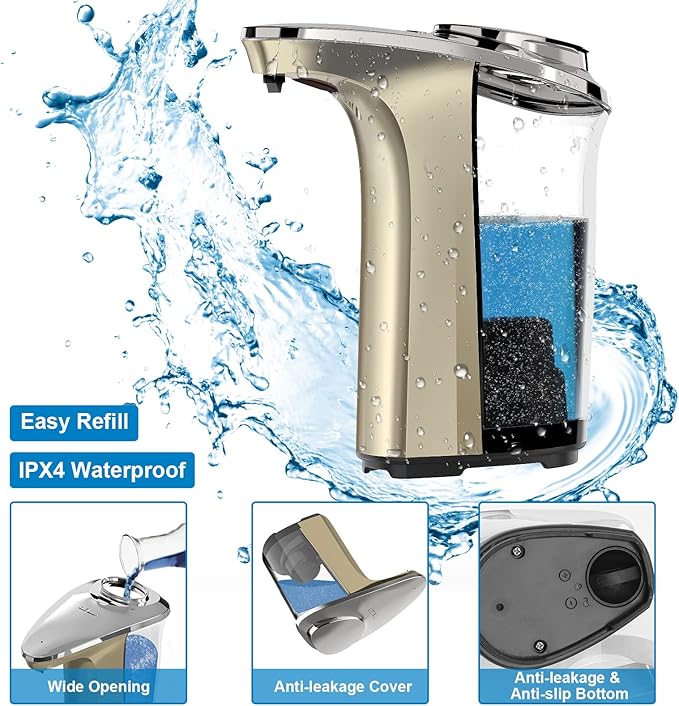 PZOTRUF Automatic Soap Dispenser, Touchless Dish Soap Dispenser 17oz/500ml with Infrared Sensor, 5 Adjustable Soap Dispensing Levels, Liquid Hand Dispenser for Bathroom Kitchen Sink(Champagne Gold)