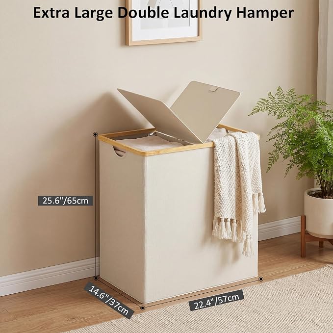 efluky Laundry Hamper with Lid, Double Laundry Basket with 2 Removable Bags, 2 Section Laundry Bin with Bamboo Handles for Bathroom, Bedroom & Laundry Room, 140L (36.9 Gallon) Beige