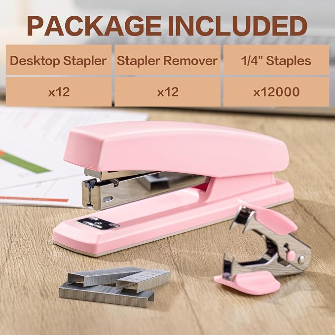 Deli Stapler, 12 Pack Staplers with 12000 Staples and 12 Staple Removers, Staplers for Desk, 25 Sheet Capacity, Pink