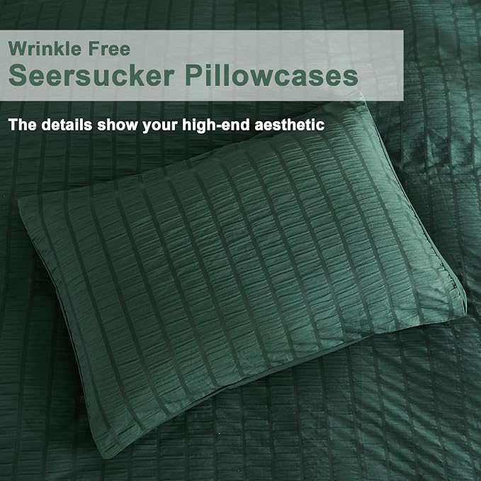 AveLom Dark Green Seersucker Duvet Cover Set King Size (104 x 90 inches), 3 Pieces (1 Duvet Cover + 2 Pillow Cases), Ultra Soft Washed Microfiber, Textured Duvet Cover with Zipper Closure, Corner Ties