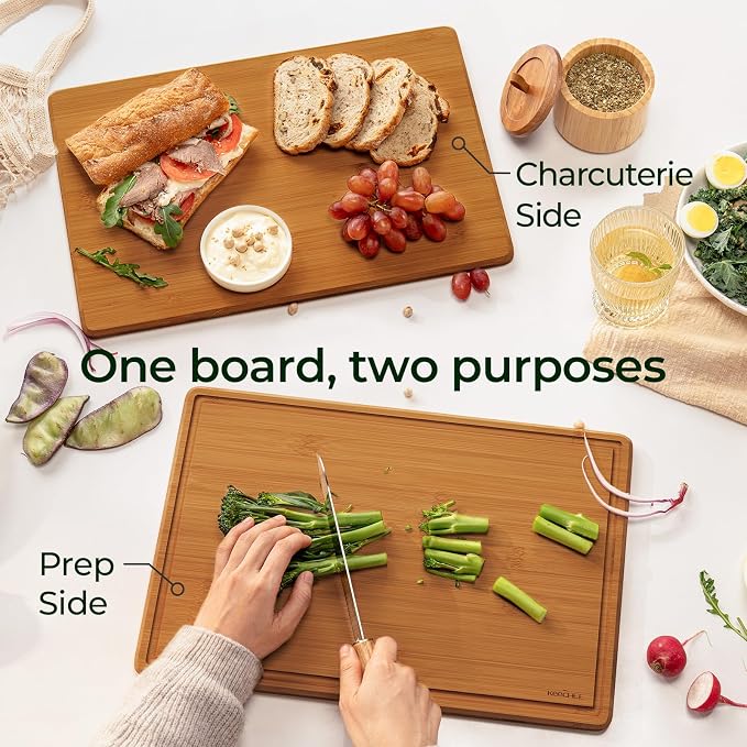 Keechee 2Pcs Cutting Board Set with Non-slip Mat, Bamboo Cutting Boards for Kitchen Meal Prep & Serving - Wood Serving Board Sets with Deep Juice Groove Ideal Kitchen Gifts