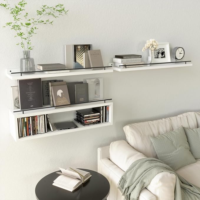 WOPITUES Floating Shelves for Wall 24 inch with Cube Shelf, Wall Shelves with Metal Rail for Bathroom Decor, Bathroom Organizers and Storage, Over Toilet Shelves, Toilet Paper-White