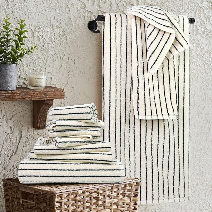 8 Piece Black and Ivory Towel Set, Super Soft & Absorbent Cotton Striped | Towels for Bathroom Decor, 2 Bath, 2 Hand, 4 Washcloths