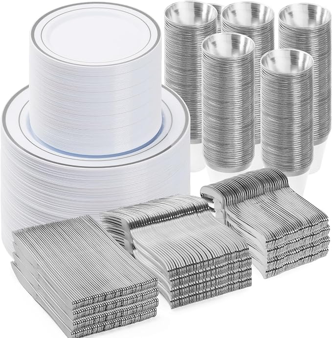 BESTVIP 900PCS Silver Dinnerware Set for 150 Guests, Plastic Plates for Party, 150 Silver Disposable Plates, 150 Dessert Plates, 150 Cups, 150 Spoons, 150 Forks and 150 Knives