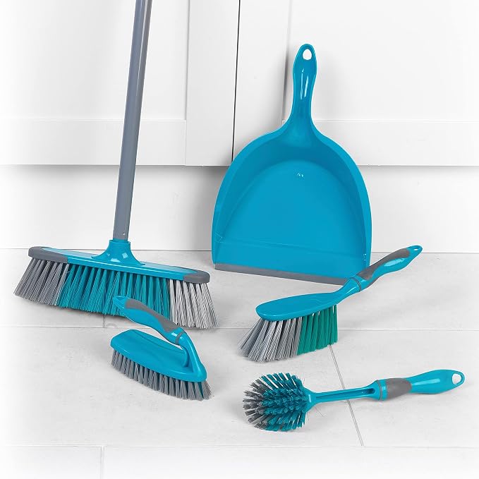 Beldray LA024152TQ Cleaning Bundle with Broom, Dustpan and Brush Set, Scrubbing Brush & Dish Brush, Long Handled Indoor Floor Sweeping, Washing Up Brushes, Bathroom/Tile/Grout Cleaner, Soft Grip, Blue
