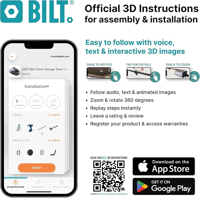 Chamberlain Belt Drive myQ Garage Door Opener, 3/4HP w/Fixed Camera | Ultra quiet belt drive, smart garage myQ integration, Includes: 2 remotes, wall control, battery backup & safety sensors