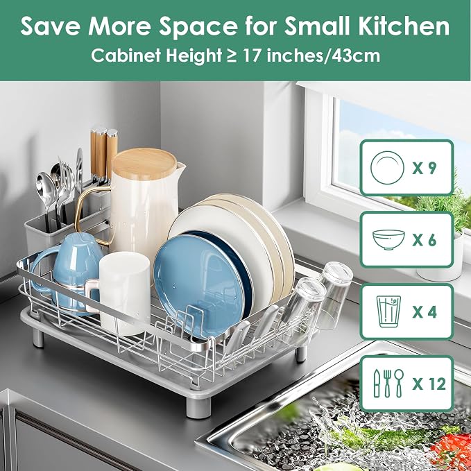MOUKABAL Stainless Steel Dish Drying Rack for Kitchen Counter, Grey Silver | 13×17 Large Capacity/Drainboard with Rotating Spout/Removable Cup & Utensil Holders/Fast Drainage/Countertop Dish Drainer