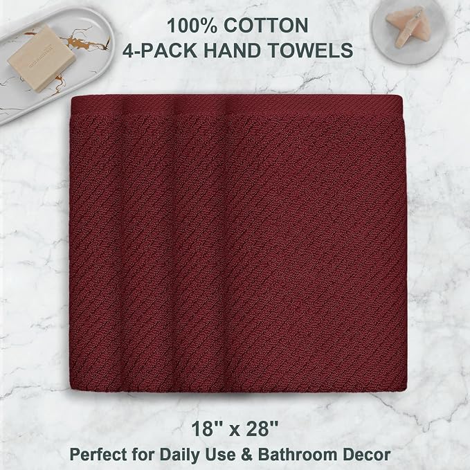 VOOVA & MOVAS Hand Towels 4PC, 100% Cotton, 18x28 in, Burgundy Red | Thick, Quick Dry, Soft, Absorbent, Bathroom Essentials, Suitable For Shower, Spa, Daily Washing
