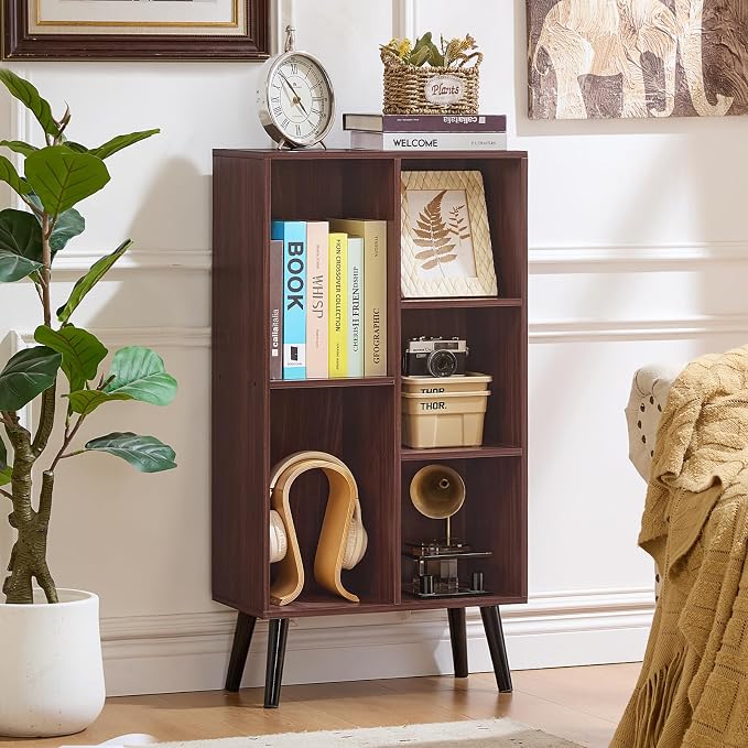 LEYAOYAO 5 Cube Bookshelf, Mid-Century Modern Book Shelf with Legs, Walnut | 3 Tier Bookcase, Rustic Wood Bookshelves Freestanding Small Storage Organizer, Open Shelves for Bedroom, Living Room, Office