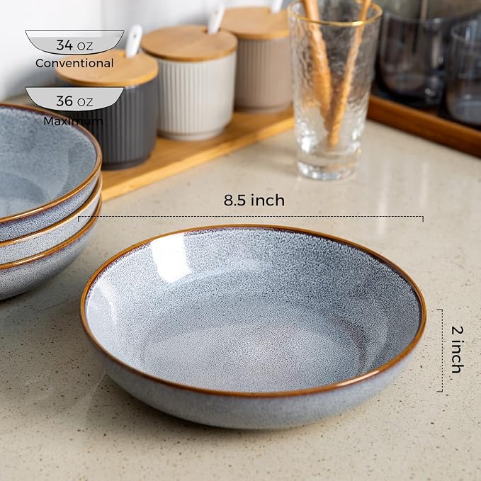 AmorArc 8.5'' Large Pasta Bowls, 36oz Ceramic Salad Serving Bowls Set of 6 for Kitchen, Wide Stoneware Bowls for Pasta, Salad, Fruit, Bread, Microwave Safe, Reactive Glaze-Blue