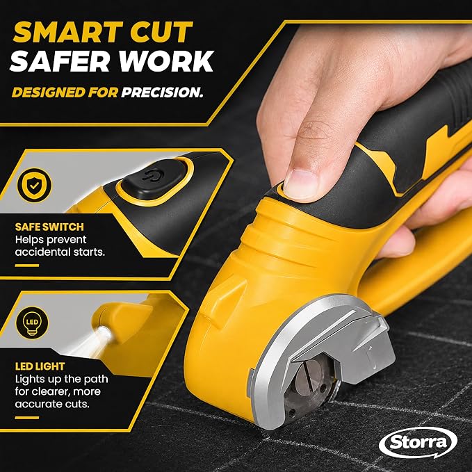 Cordless Electric Scissors, Rechargeable Cardboard Cutter, Rotary Fabric Cutter for Fabric, Carpet, Leather, Plastic & Packaging Materials, Safety Lock, LED Light, USB-C Charging, 75 Min Runtime