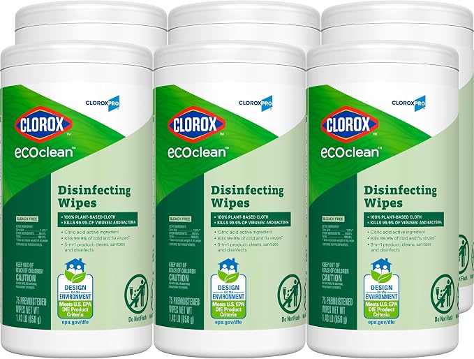 CloroxPro Clorox EcoClean Disinfecting Wipes, Multi Purpose Bleach Free Cleaner, Made with Citric Acid and Plant Based Ingredients, Antibacterial Disinfectant, Multi Surface Use, 75 Ct, Pack of 6