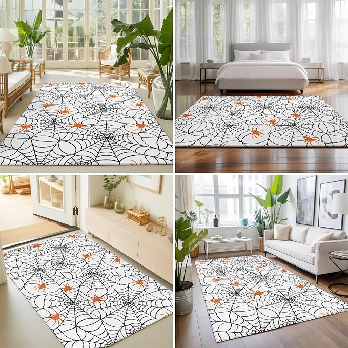 Large Area Rug 4'x6', Halloween Washable Rectangular Area Rugs for Living Room Bedroom Office, Black Net Classic Spiders Gingham Orange Non Slip Kitchen Rug Mats Indoor Floor Accent Throw Carpet