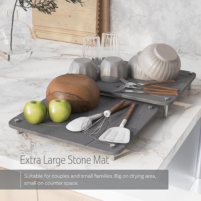 Nested Dish Drying Stone Mat with Bamboo Rack | Large 16"x12" Dish Drying Mat plus 13"x12" Diatomaceous Earth Stone Mat | Expands to 29” x 12” | Premium Stone Mat for Kitchen Counter (Dark Gray)