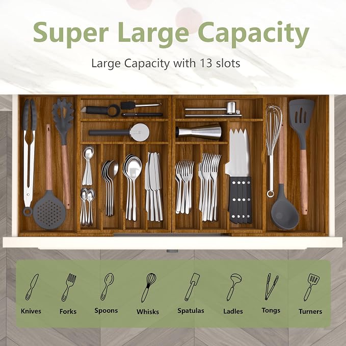 Suli Large Silverware Drawer Organizer, Acacia Wood Adjustable Kitchen Flatware for Forks Knives and Spoons, Cutlery Utensil Holder, Expandable from 22in-37in