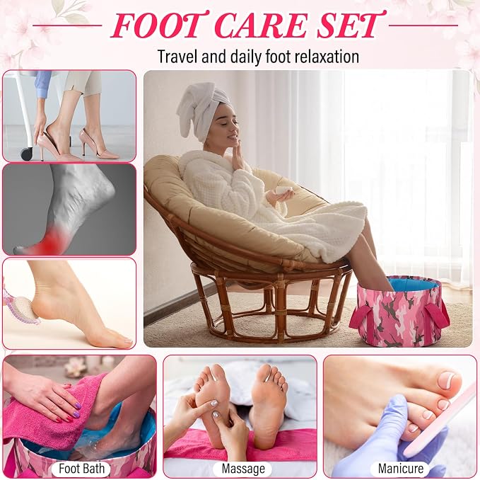 FillTouch 12 Pcs 15L Foldable Foot Soaking Tub Kit Portable Foot Bath Tub for Soaking Feet with Towel and Storage Bag Soak Spa Bucket for Travel Camping(Camouflage,Pink)