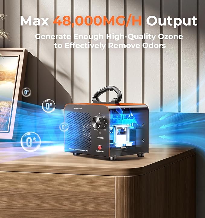 Hadlook Ozone Generator, 48,000mg/h High Capacity O3 Machine for Large Spaces Up to 4,000 Sq Ft, Portable Odor Eliminator for Car, Home, Basement, Smoke, Pets, and Commercial Use, Orange