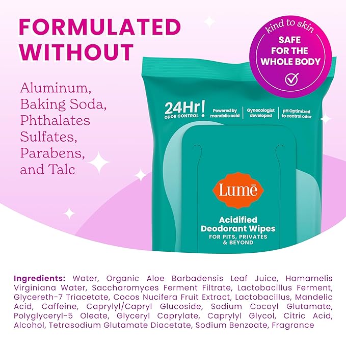 Lume Acidified Deodorant Wipes - 24 Hour Odor Control - Aluminum Free, Baking Soda Free, Skin Loving - 15 Count (Pack of 3) (Cool Cucumber)